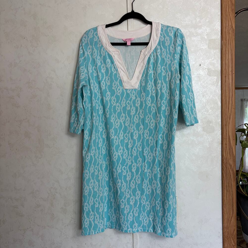 LILLY PULITZER Nautical Aqua Nightshirt Pajama White Rope V-Neck Crochet Trim LG